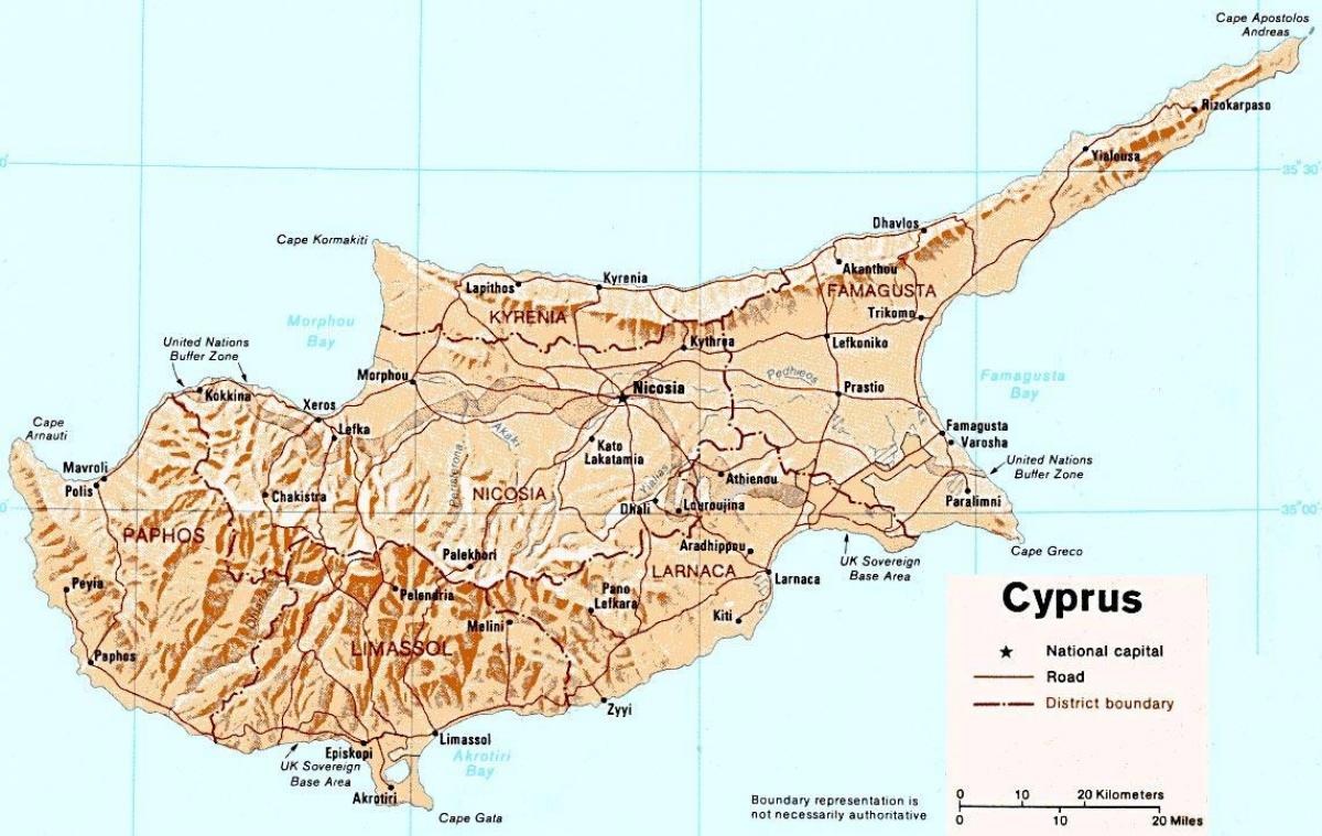 detaljert kart over øya Kypros